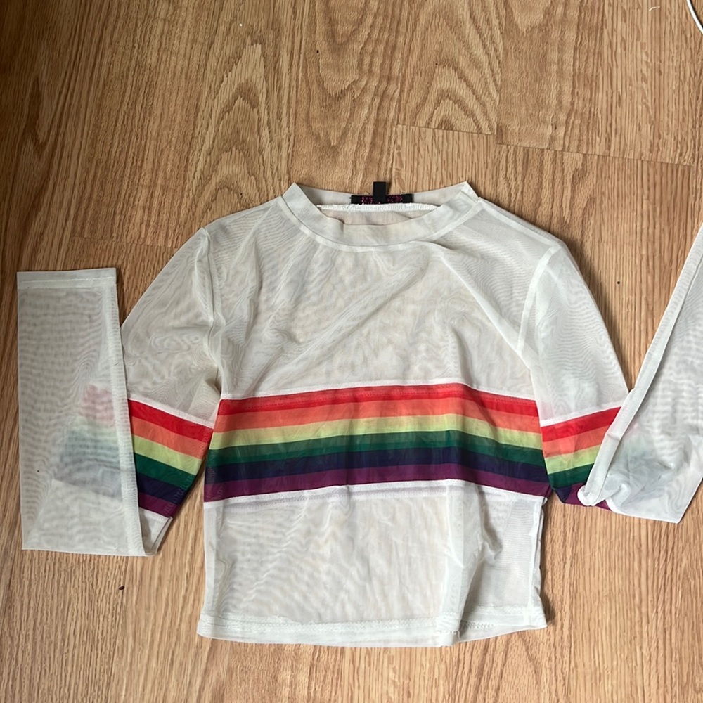 White mesh shirt with rainbow flag